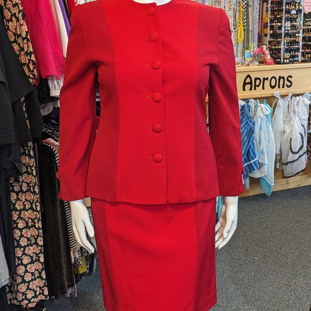 Christian Dior Red Women's Wool Suit Jacket Skirt Size 14